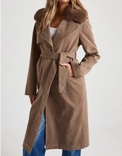 Detachable faux fur collar Brown Mocha Belted Trench suede jacket Coat size 14