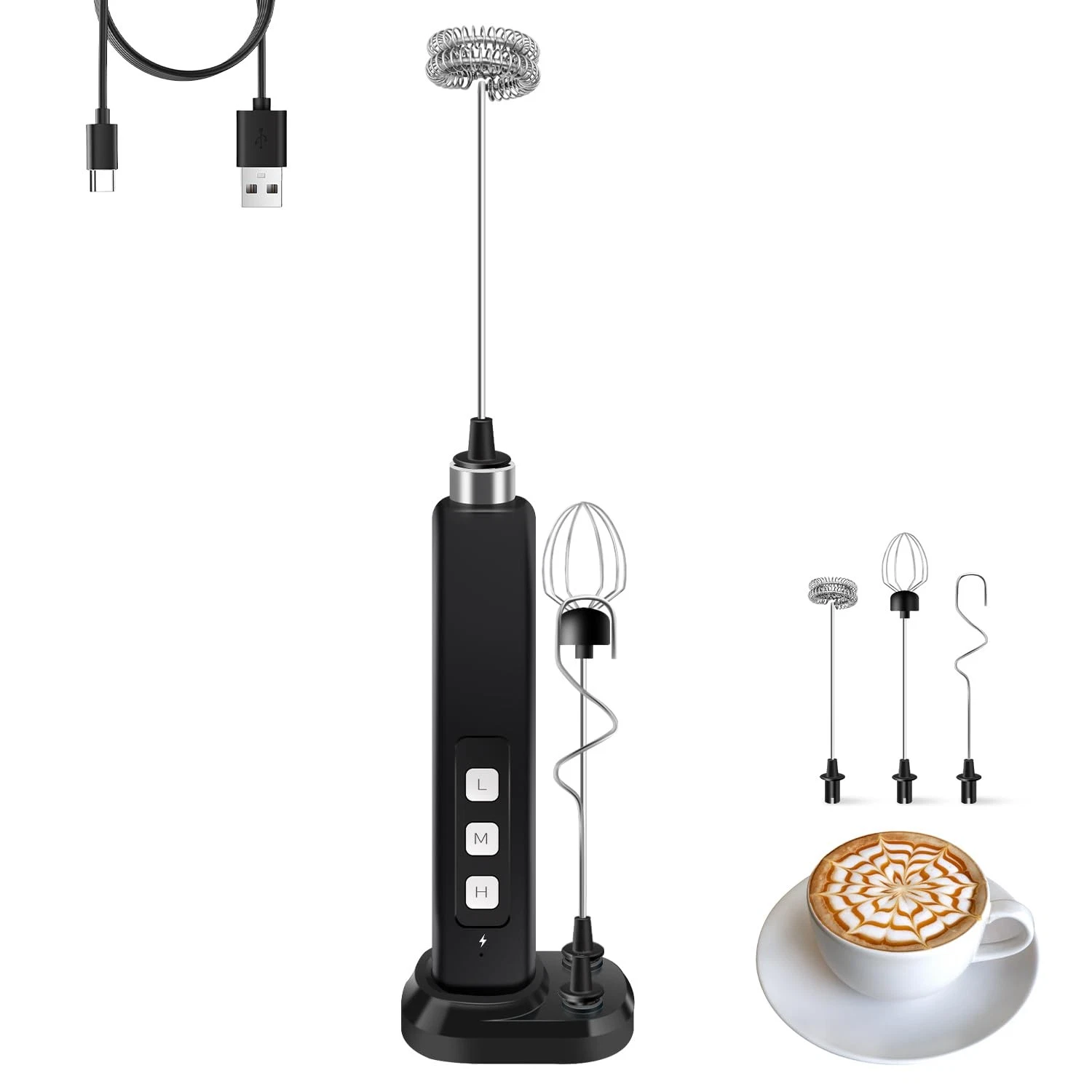 Rechargeable Milk Frother Handheld with 3 Detachable Stainless Whisks, 3 Spee...
