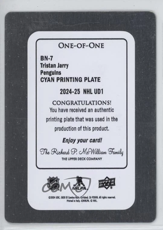 2024 Upper Deck Series 1 Breaking News Printing Plate Cyan 1/1 Tristan Jarry 3d2 - Image 2 of 3