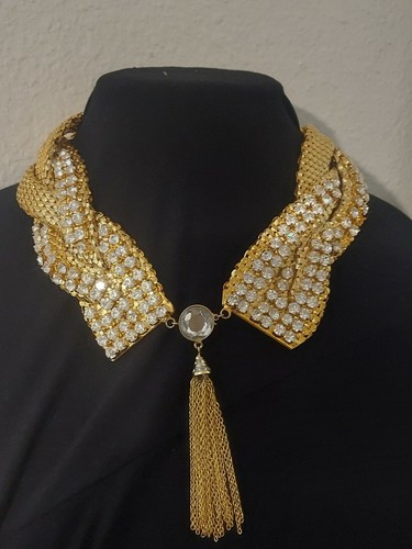 Vintage Retro Gold Tone Mesh Braid Clear Rhinestones Chunky Wide Collar Necklace - 第 1/12 張圖片