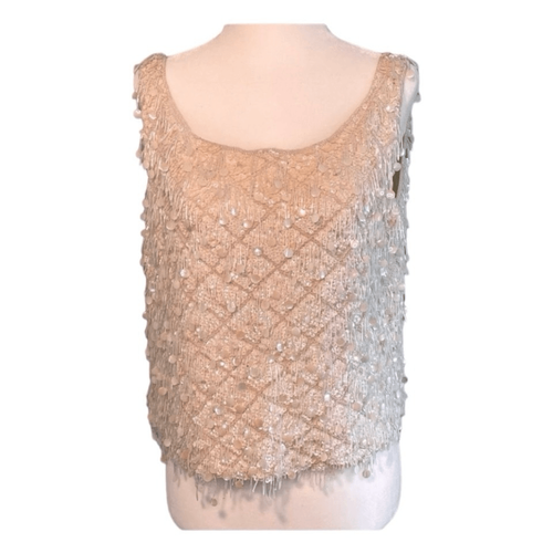 Vintage 60s Cavanagh 100% Beaded Sequin Wool Sweater Vest Ivory Cream Sz L