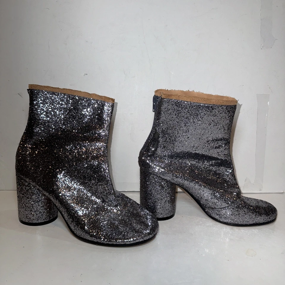 MAISON MARTIN MARGIELA Dark SILVER GLITTER ANKLE ZIP UP BOOT HEELS 38.5 US8.5 - Image 2 of 4