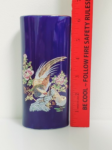 Ceramic Cobalt Blue with Gold Birds & Flower Tube Vase Small 6" Made in Japan - Picture 11 of 12