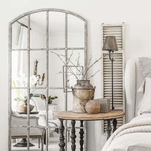 Antiqued Window Arch Wall Floor Mirror XL 82" Ivory French Country White Rustic - Picture 3 of 11