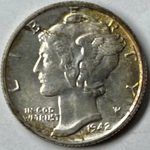 1942-P Mercury Dime Gem UNC Luminous Champagne on Obverse Edge - Full Bands.