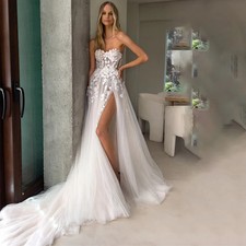 Sexy Sweetheart Floral Appliqued Wedding Dresses Illusion Slit Bride Dresses