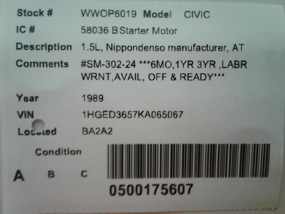 Motor de arranque usado se adapta a: Honda Civic 1989 1,5 L fabricante Nippondenso grado AT Foto 4 de 4