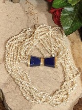 34. 585 Yellow Gold Lapis Stone Clasp White Pearl beaded 7 strand Necklace 15"