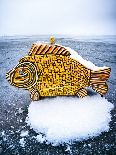 Déco de pêche sur glace art populaire ~ Jim Scheibner ~ JCAS Lure Co~fabriqué à la main ~ carpe jaune - Photo 1/6