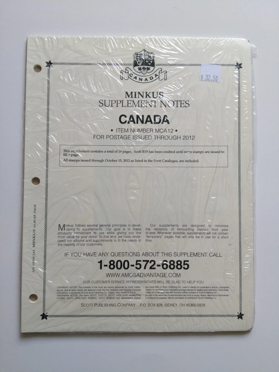 2012 Supplement 19-Pages Pack For Minkus Canada Stamp Album, Free Shipping!