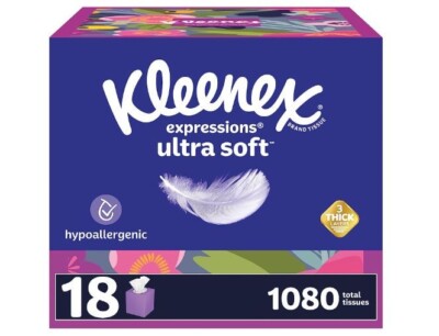 Kleenex Expressions Ultra Soft Facial Tissues,18 Cube Boxes, 1,080 Total Tissues