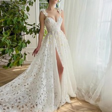 Boho Wedding Dresses Full Lace 3d Flower V-Neck A-line Bridal Gowns Train