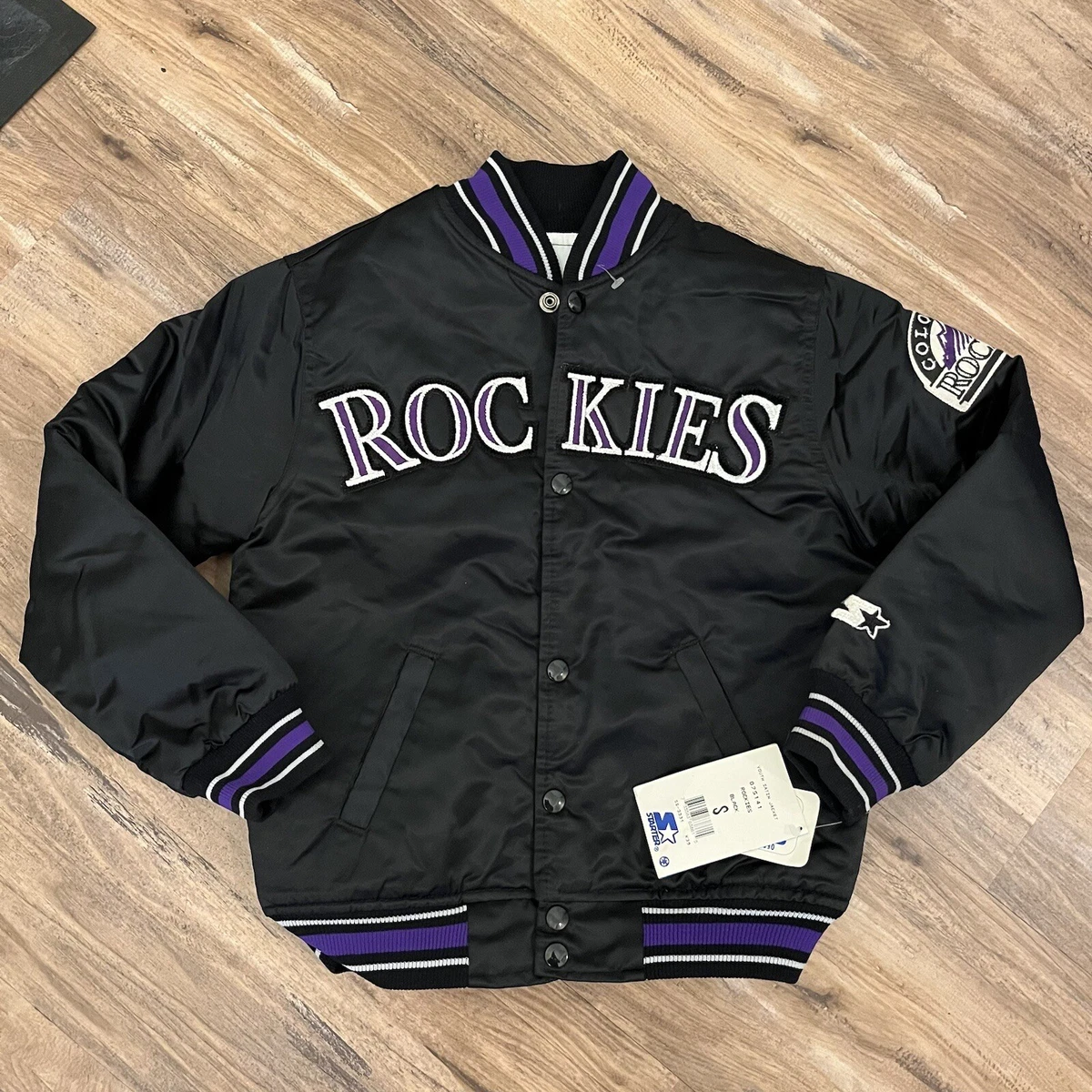 Boys NWT Vintage 90s Starter Colorado Rockies Satin Bomber Jacket Sz S Black