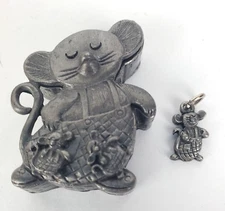 Vintage Torino Pewter Mouse Mice Necklace Charm Brooch Earrings & Trinket Box