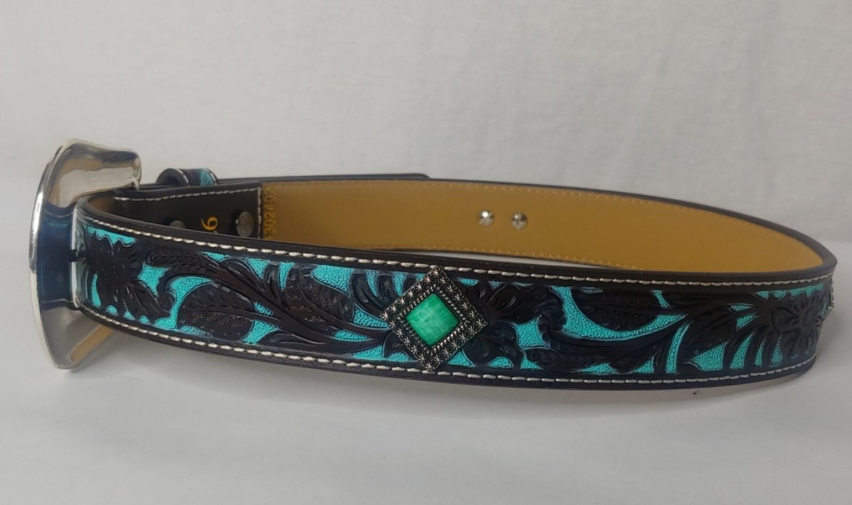 Ariat Belt Women Size 26 Western Tooled Recycled Brown Blue  display picture 3