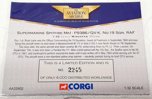 Corgi 1/32 Scale Diecast AA33902 - Spitfire MKI P9386 QVK Sqn Ldr B.Lane - Picture 7 of 7