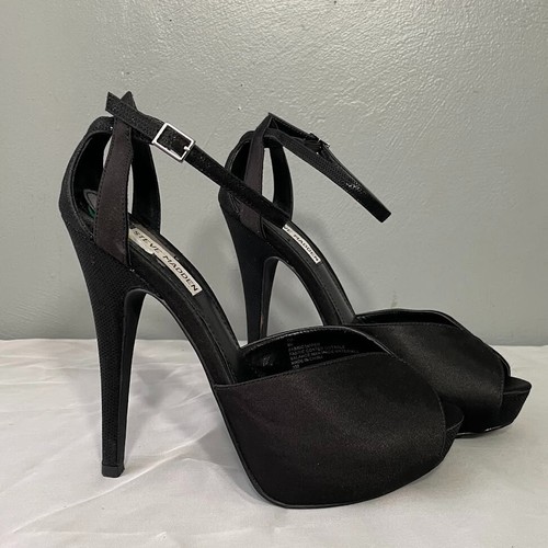 Steve Madden Tia Size 9 Black Satin High Heels Platform Pumps Sexy Office Siren - Picture 2 of 11