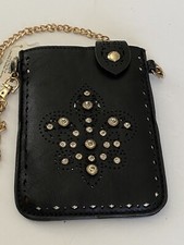 Genuine Black Leather Rhinestone Crossbody Phone Purse Gold Chain Strap NWT