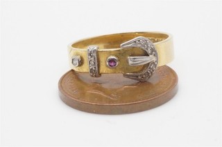 ANTIQUE ENGLISH 18K GOLD PLATINUM DIAMOND RUBY BUCKLE RING c1910