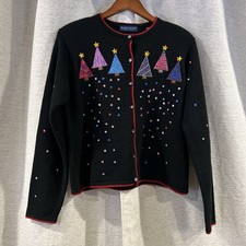 Vintage Karen Scott Embroidered Sequins Christmas Holiday Cardigan Petite Medium