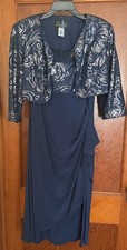 Alex Evenings Womens Navy Sequins Faux Wrap 2 Pc Set Dress W/Jacket Size 16