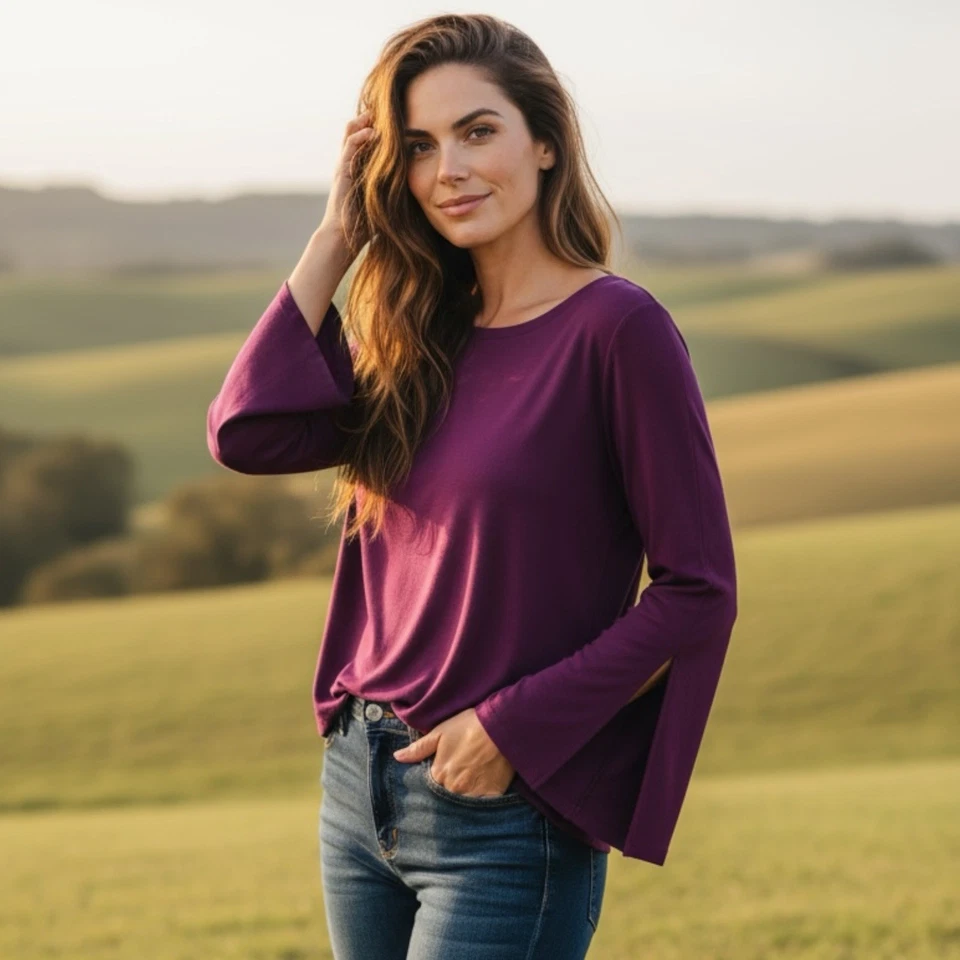 Chicos Blouse Top Sz 3 Purple Split Flared Slv Bateau Neck Top XL Casual Career - Image 2 of 4