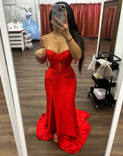 Sherri Hill Red Strapless Satin Sleeveless Mermaid Long Formal Prom Dress