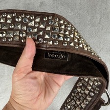 y2k Brown Leather Studded Wide Waist Belt Silver Pyramid Rivet Crystal 35in