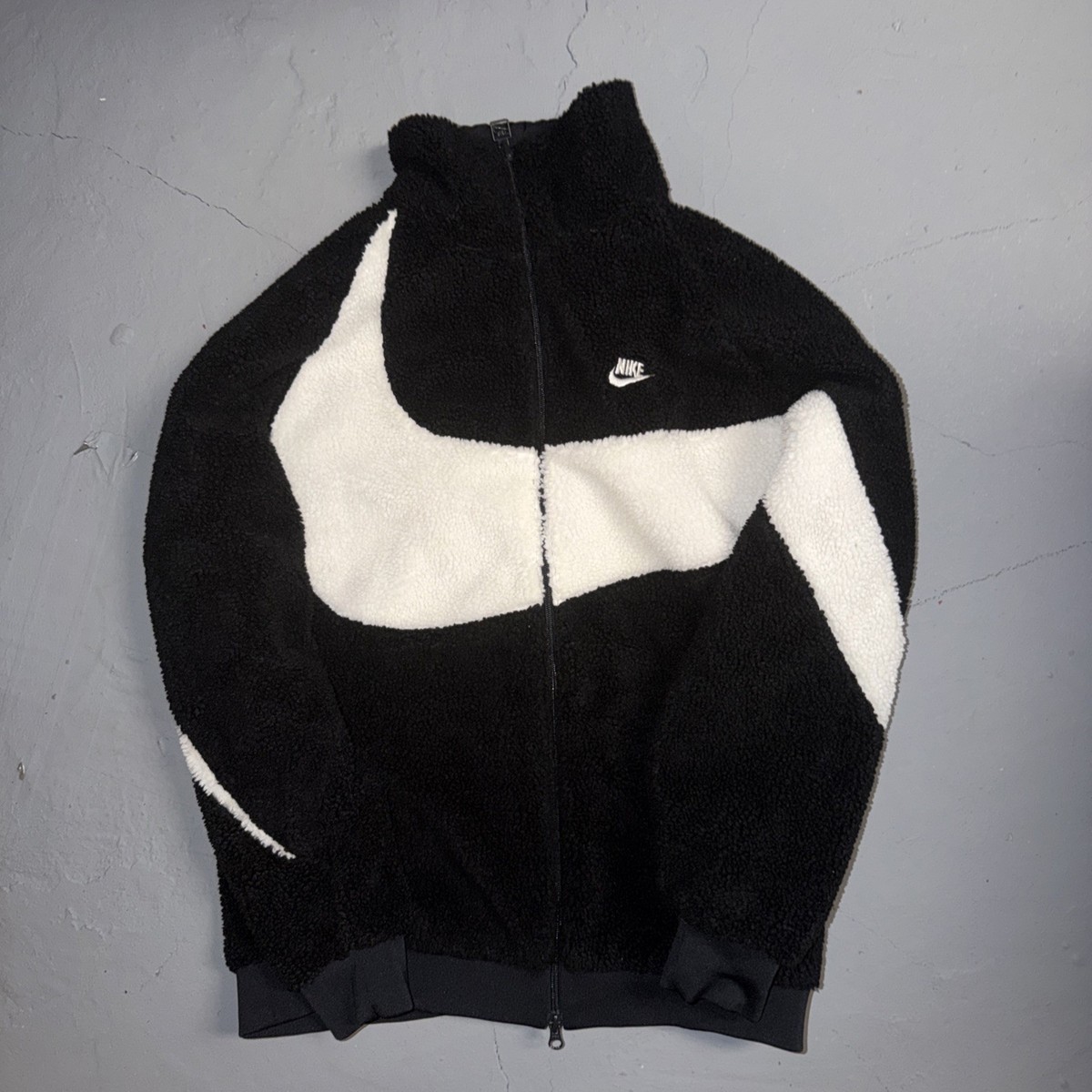 Nike Black Big White Swoosh Reversible Full Zip Boa Jacket BQ6546 