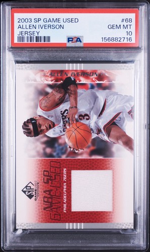 2003 SP GAME USED 68 ALLEN IVERSON GAME WORN JERSEY PATCH PSA 10 GEM MINT !