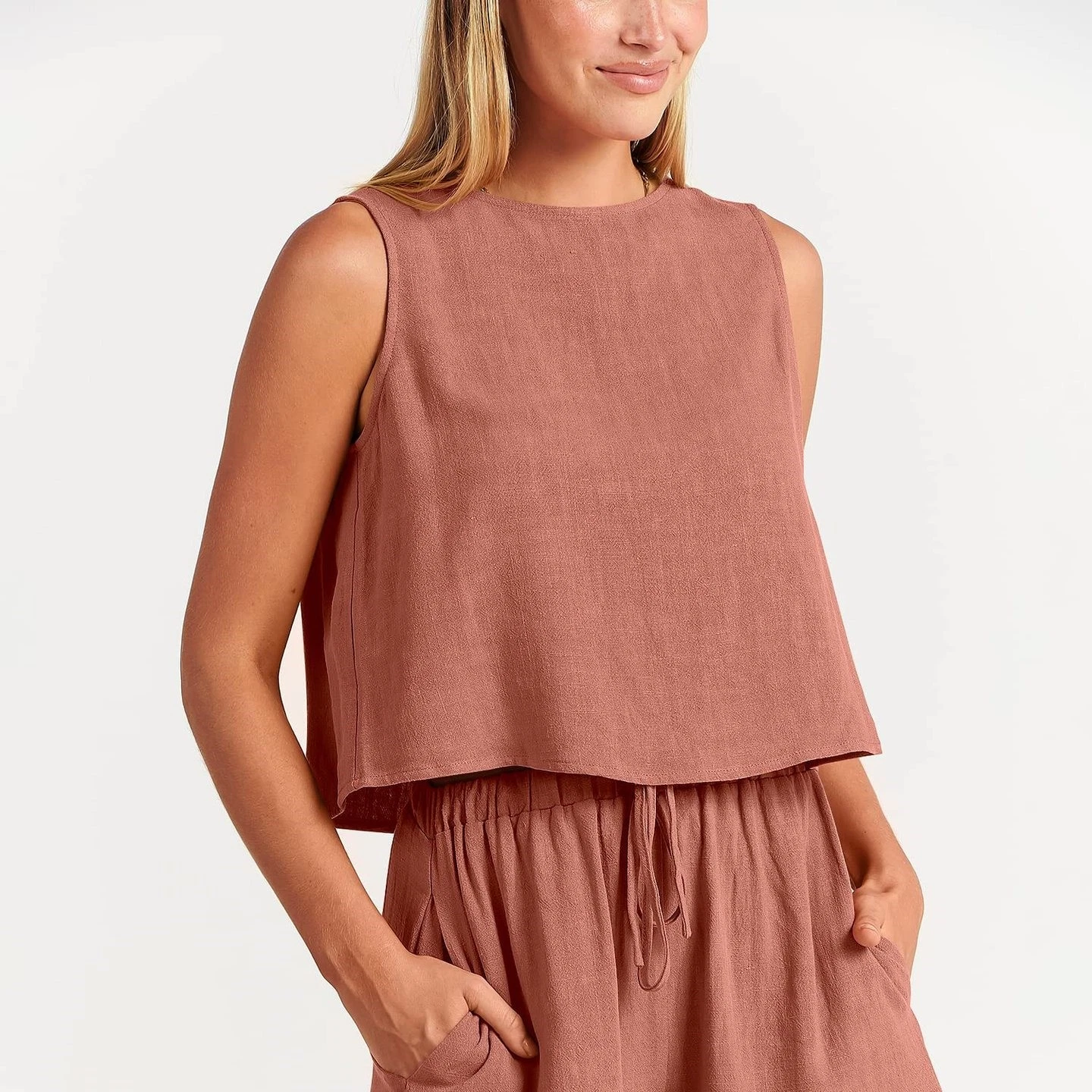 Women’s Cotton Linen Two Piece Shorts Set Sleeveless Casual Summer Outfit Lounge