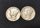 MERCURY DIME LOT OF 2, FULL DATES AND RIMS 1944, 1945, 90% SILVER