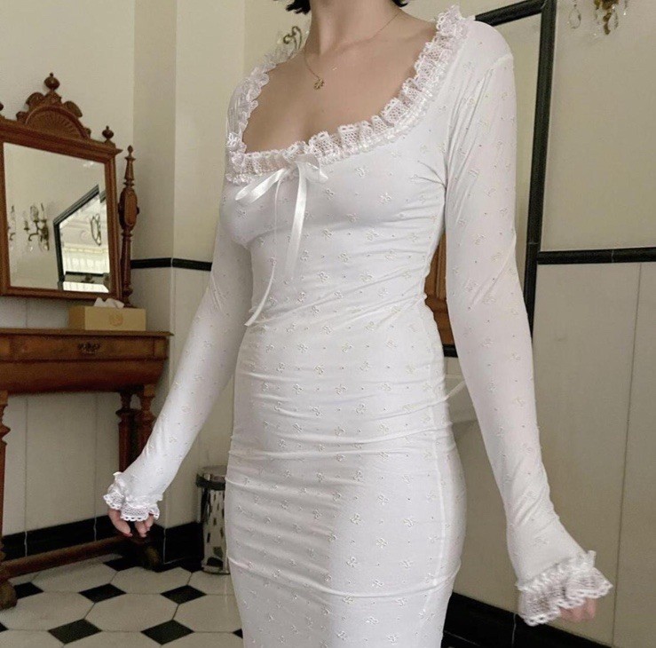 White Lace Bodycon Midi Dress, Long Sleeve, Square Neck, Bow & Ruffle  Accents | eBay