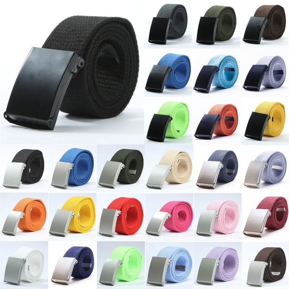 STONEMAXI Unisex Men Women Cotton Plain Webbing Canvas Belt Adjustable Black Silver Buckle