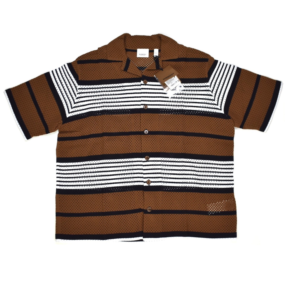 $1150 Burberry Birch Brown Icon Stripe Mesh Knit Button Down Shirt