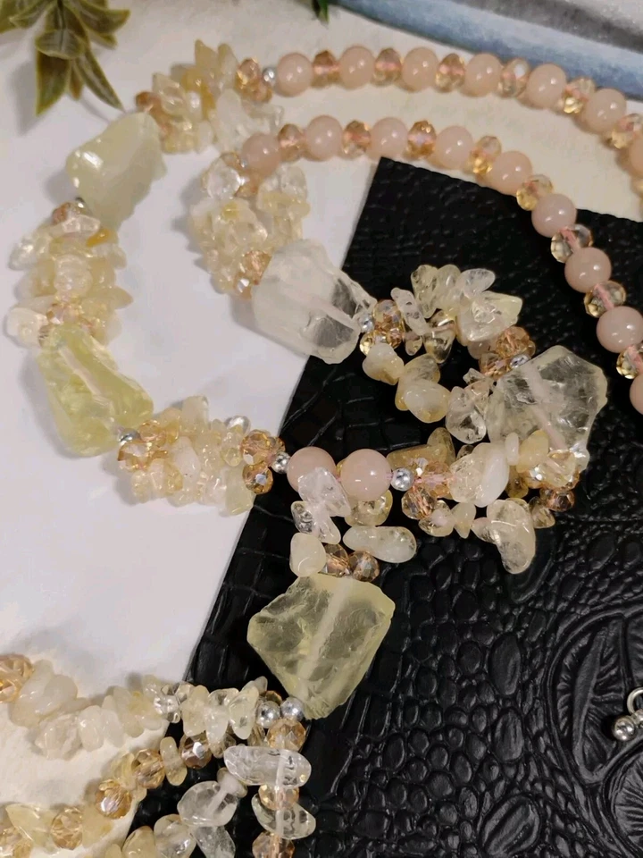 Cuarzo real (tonos pastel) piedra y vidrio ¡Delicia! Collar Grueso "Y" 22"! Foto 4 de 4