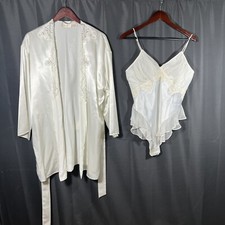 VICTORIA SECRET Ivory Satin 90's Y2K Lingerie Set Beaded Teddy Bodysuit Robe L