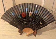  Vintage Black Pleated Folding Fan - Painted Floral Fabric - Wood Pierced