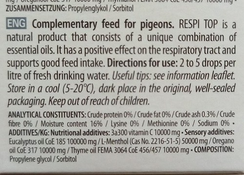 Versele Laga Oropharma Respi-Top 100ml Racing Pigeons Respiratory Problems - Picture 2 of 3