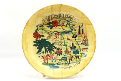 Vintage Florida 12'' Wood Tourist Souvenir Attraction Map Salad Bowl