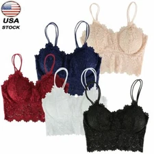 Women Sexy Lace Padded V Neck Lingerie Crochet Bralette Bra Crop Top Cami Tank