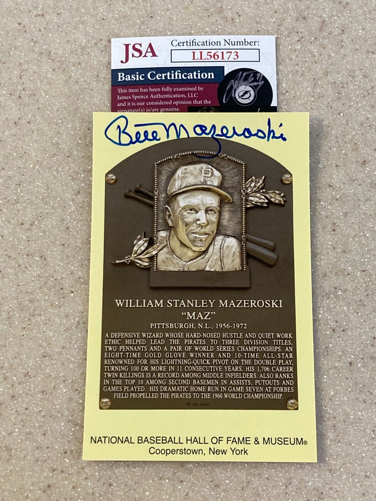Bill Mazeroski signed HOF plaque postcard * JSA *