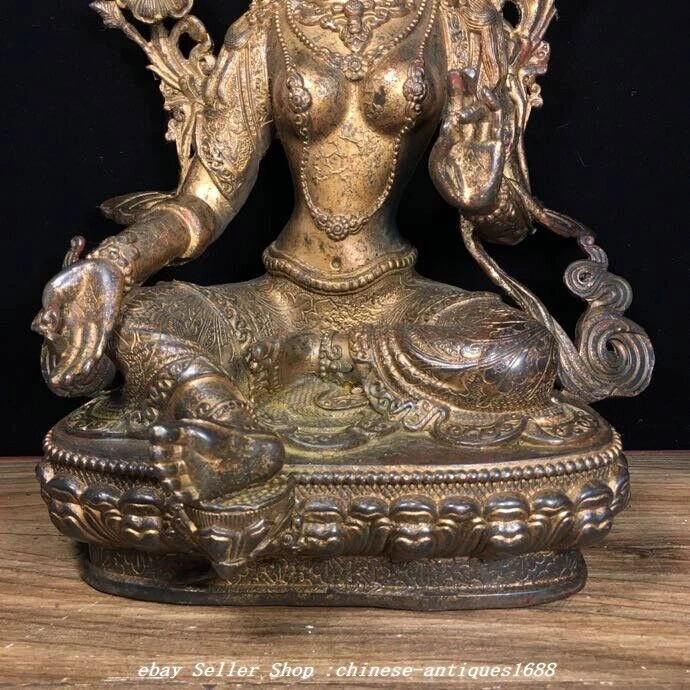Estatua de Buda Diosa Tara Guanyin Kwanyin Verde Cobre Puro Tíbet Antiguo 11,6" Foto 3 de 4