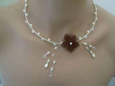 Collier Chocolat/Marron/Ivoire pr robe de Mariée/Mariage/Soirée Fleur pas cher