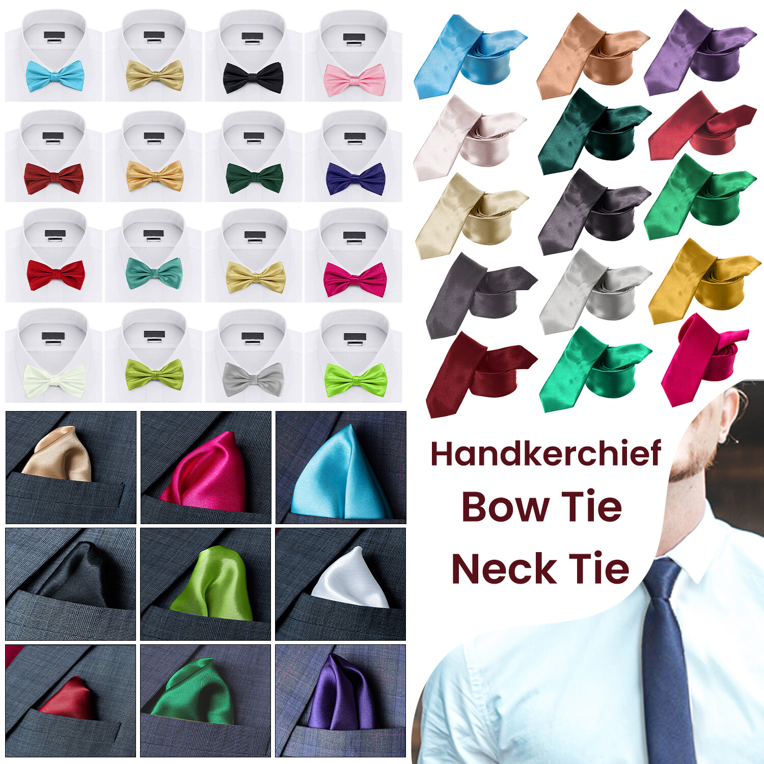 Hombre Corbata Pañuelo Cuadrado de Bolsillo Pajarita Regalo Boda Fiesta Navidad
