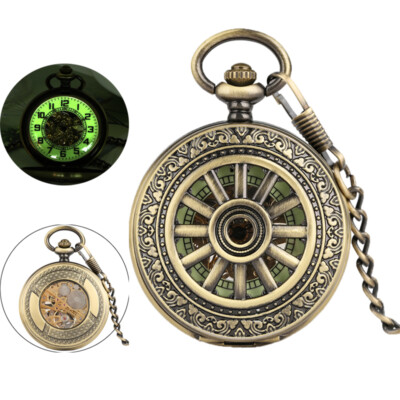 Mens Vintage Mechanical Pocket Watch Luminous Dial Full Hunter Skeleton Design