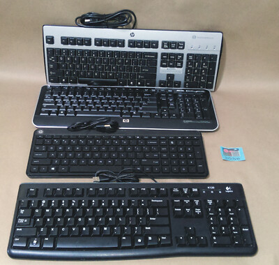 Lot of 4: 3x HP & 1x Logitech Black USB Desktop PC Multimedia Wired Keyboards KB