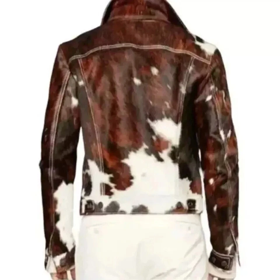 Chaqueta de piel de caballo con pelo de vaca para hombre, elegante ropa exterior de cuero de vaca real occidental Foto 2 de 3