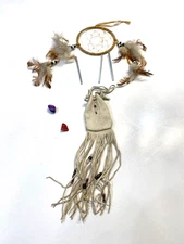 Dream Catcher with Leather Bag Tassels and Stones (Purple + Red) Rocks