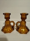 Vtg Pair Anchor Hocking Desert Gold Glass Chamber Candlestick  Holders 4.5" Tall